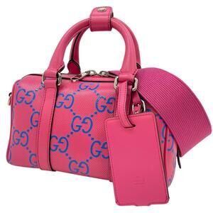 GUCCI GG Embossed Blue Band Shoulder Bag Handbag Pink
